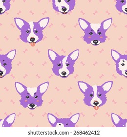 Happy dog welsh corgi pink and violet vector background. Seamless pattern. 