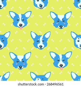 Happy dog welsh corgi vector blue and green background. Seamless pattern. 