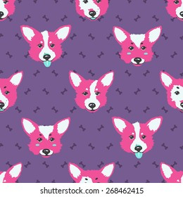 Happy dog welsh corgi violet vector background. Seamless pattern. 