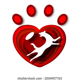 Happy dog white silhouette in red heart shape pet animal paw print, vector illustration in paper art style. Pet shop, shelter, vet logo design template.