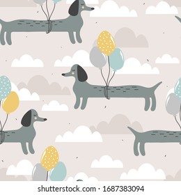 Happy dogs, air balloons, hand drawn backdrop. Colorful seamless pattern with animals. Decorative cute wallpaper, good for printing. Overlapping background vector. Design illustration, dachshunds