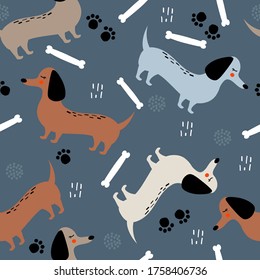 Happy dogs, bones, hand drawn backdrop. Colorful seamless pattern with animals. Decorative cute wallpaper, good for printing. Overlapping background vector. Design illustration, dachshunds