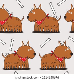 Happy dogs, bones, hand drawn backdrop. Colorful seamless pattern with animals. Decorative cute wallpaper, good for printing. Overlapping background vector. Design illustration