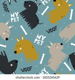 Happy dogs, bones, hand drawn backdrop. Colorful seamless pattern with animals. Decorative cute wallpaper, good for printing. Overlapping background vector. Design illustration