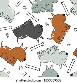 Happy dogs, bones, hand drawn backdrop. Colorful seamless pattern with animals. Decorative cute wallpaper, good for printing. Overlapping background vector. Design illustration