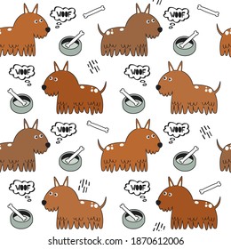 Happy dogs, bones, hand drawn backdrop. Colorful seamless pattern with animals. Decorative cute wallpaper, good for printing. Overlapping background vector. Design illustration