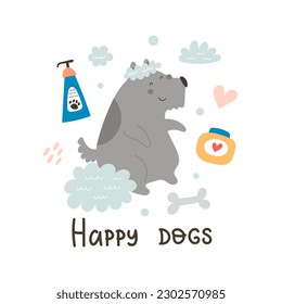 happy dogs. Cartoon dog, hand drawing lettering. flat style, colorful vector for kids. Grooming. baby design for cards, poster decoration, t-shirt print
