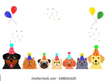 happy dogs and cats with party hat border