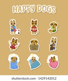 Happy Dogs Cute Stickers Set, Cute Pets Animals Characters of Different Breeds in Everyday Activities Vector Illustration