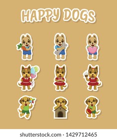 Happy Dogs Cute Stickers Set, Cute Pets Animals Characters of Different Breeds Vector Illustration