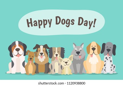 Happy dogs day concept. Smiley dogs sitting in front view position. Cartoon vector illustration.