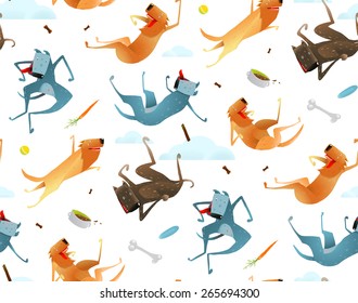 Happy Dogs and Doggy Food Seamless Pattern Background . Flying with clouds amusing colorful dogs and food illustration. Vector EPS10. 