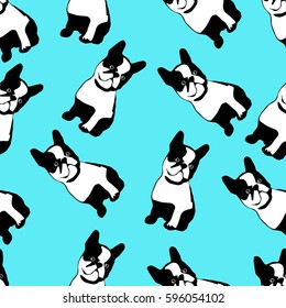 Happy dogs group. French bulldog seamless pattern. Vector illustration. Blue background.