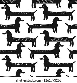 Happy dogs, hand drawn backdrop. Black and white seamless pattern with animals. Decorative cute wallpaper, good for printing. Overlapping background vector. Design illustration