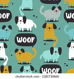 Happy dogs, hand drawn backdrop. Colorful seamless pattern with animals and text. Decorative cute wallpaper, good for printing. Overlapping background vector. Design illustration