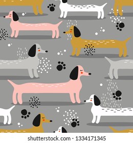 Happy dogs, hand drawn backdrop. Colorful seamless pattern with animals. Decorative cute wallpaper, good for printing. Overlapping background vector. Design illustration