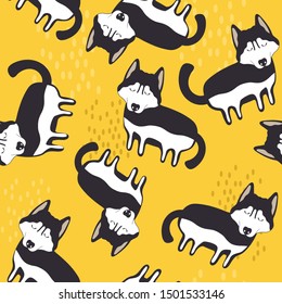 Happy dogs, hand drawn backdrop. Colorful seamless pattern with animals. Decorative cute wallpaper, good for printing. Overlapping background vector. Design illustration