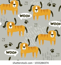 Happy dogs, hand drawn backdrop. Colorful seamless pattern with animals. Decorative cute wallpaper, good for printing. Overlapping background vector. Design illustration