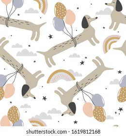 Happy dogs, hand drawn backdrop. Colorful seamless pattern with animals. Decorative cute wallpaper, good for printing. Overlapping background vector. Design illustration, dachshunds