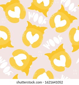 Happy dogs, hand drawn backdrop. Colorful seamless pattern with animals, text. Decorative cute wallpaper, good for printing. Overlapping background vector. Design illustration