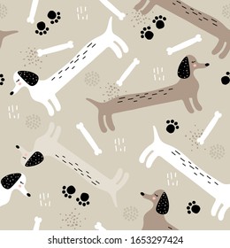 Happy dogs, hand drawn backdrop. Colorful seamless pattern with animals. Decorative cute wallpaper, good for printing. Overlapping background vector. Design illustration, dachshunds