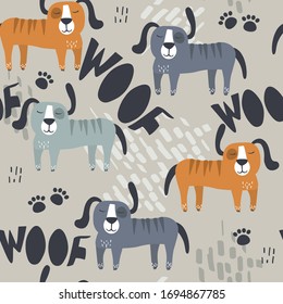 Happy dogs, hand drawn backdrop. Colorful seamless pattern with animals. Decorative cute wallpaper, good for printing. Overlapping background vector. Design illustration