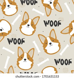 Happy dogs, hand drawn backdrop. Colorful seamless pattern with animals, bones. Decorative cute wallpaper, good for printing. Overlapping background vector. Design illustration