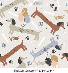 Happy dogs, hand drawn backdrop. Colorful seamless pattern with animals. Decorative cute wallpaper, good for printing. Overlapping background vector. Design illustration, dachshunds