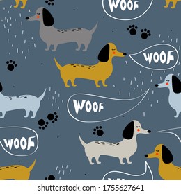 Happy dogs, hand drawn backdrop. Colorful seamless pattern with animals. Decorative cute wallpaper, good for printing. Overlapping background vector. Design illustration, dachshunds