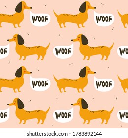 Happy dogs, hand drawn backdrop. Colorful seamless pattern with animals. Decorative cute wallpaper, good for printing. Overlapping background vector. Design illustration, dachshunds