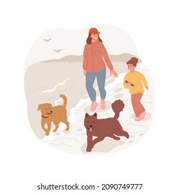 Happy dogs isolated cartoon vector illustration. Dogs running free on a seashore, playing off-leash together at the beach, pets recreation, facility, happy family, weekend cartoon vector.