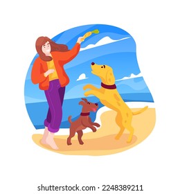 Perros felices aislados ilustración vectorial de dibujos animados. Perros corriendo gratis en la orilla del mar, jugando al pellejo juntos en la playa, recreación de mascotas, instalaciones, familia feliz, dibujos animados vectores de fin de semana.