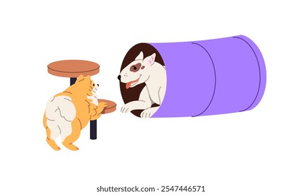 Cães felizes brincam no playground de agilidade. O spitz da pomerânia brincalhão e o bullterrier bonito se divertem juntos. Divertido treinamento de animais de estimação com equipamentos. Ilustração de vetor isolado plano sobre fundo branco