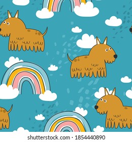 Happy dogs, rainbow, hand drawn backdrop. Colorful seamless pattern with animals. Decorative cute wallpaper, good for printing. Overlapping background vector. Design illustration