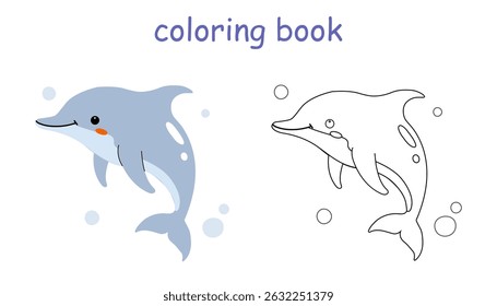 happy dolphin coloring book for kids. Wild animal coloring pages for children