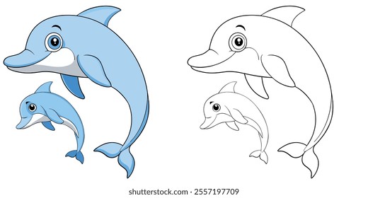 Happy Dolphin Family Cartoon Coloring Page For Kids. Animal Coloring Book Printable. Dolphin Cartoon Vector Illustration
