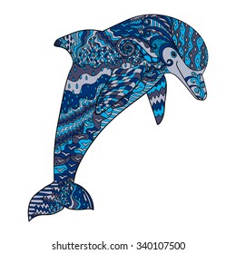Happy dolphin with high details. Adult antistress coloring page. Black white hand drawn doodle oceanic animal for art therapy. Sketch for tattoo, poster, print, t-shirt in zentangle style.