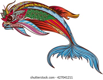 Happy dolphin with high details. Adult antistress coloring page. Black white hand drawn doodle oceanic animal for art therapy. Sketch for tattoo, poster, print, t-shirt in zentangle style