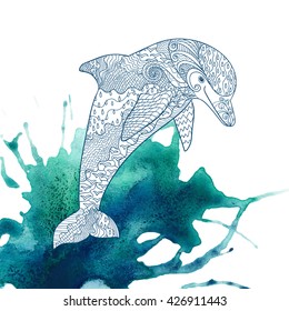 Happy dolphin with high details on watercolor background. Anti stress coloring page for grown ups. Hand drawn doodle oceanic animal. Sketch for tattoo, poster, print, t-shirt in zentangle style.