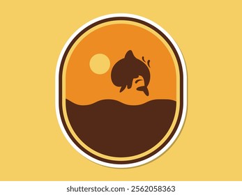 a happy dolphin jumping over the sky at sunset background landscape flat sticker design