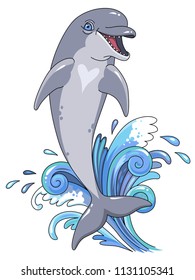 Happy dolphin jumps out of the water. Cute character isolated on white background
