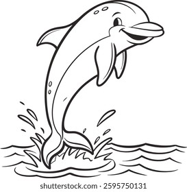 happy dolphin leaping water coloring book page design