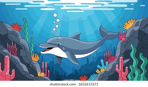 A happy dolphin swims through a vibrant coral reef surrounded by clear blue ocean water and sunlight filtering from above creating an underwater paradise for marine life