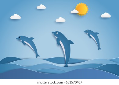 Happy dolphins jumping in sea waves , paper art style
