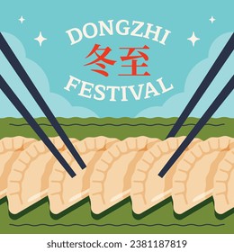 Fröhlicher Dongzhi-Festivalhintergrund. Übersetzen: Dongzhi-Festivalfeier. Winter Solstice Festival. 22. Dezember. Cartoon Vektorgrafik Vorlage für Poster, Banner, Gruß, Karte, Flyer, Post.