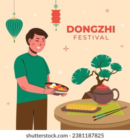 Happy Dongzhi festival background. Translate: Dongzhi festival celebration. Winter Solstice Festival. December 22. Cartoon Vector illustration template for Poster, Banner, Greeting, Card, Flyer, Post.