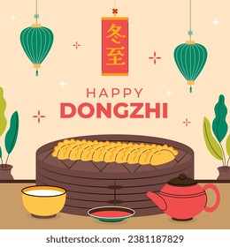 Happy Dongzhi festival background. Translate: Dongzhi festival celebration. Winter Solstice Festival. December 22. Cartoon Vector illustration template for Poster, Banner, Greeting, Card, Flyer, Post.