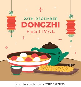 Happy Dongzhi festival background. Translate: Dongzhi festival celebration. Winter Solstice Festival. December 22. Cartoon Vector illustration template for Poster, Banner, Greeting, Card, Flyer, Post.