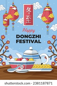 Happy Dongzhi festival background. Translate: Dongzhi festival celebration. Winter Solstice Festival. December 22. Cartoon Vector illustration template for Poster, Banner, Greeting, Card, Flyer, Post.