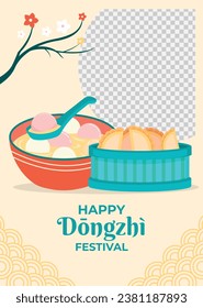 Happy Dongzhi festival background. Translate: Dongzhi festival celebration. Winter Solstice Festival. December 22. Cartoon Vector illustration template for Poster, Banner, Greeting, Card, Flyer, Post.